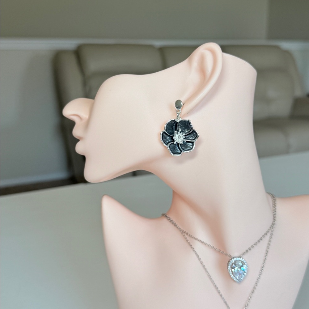 Silver Floral Drop Earrings - Black Flower Design